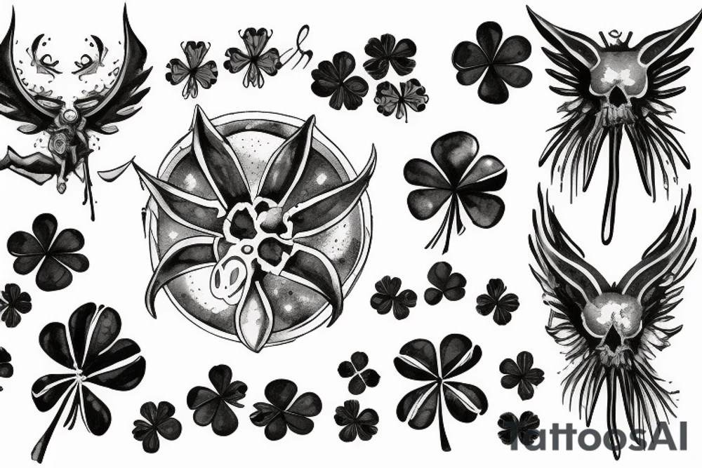 demon wing whit a five leaf clover tattoo idea