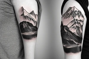 Sleeve tattoo from wrist to just before elbow. Andes mountains, California bear, mount everest tattoo idea