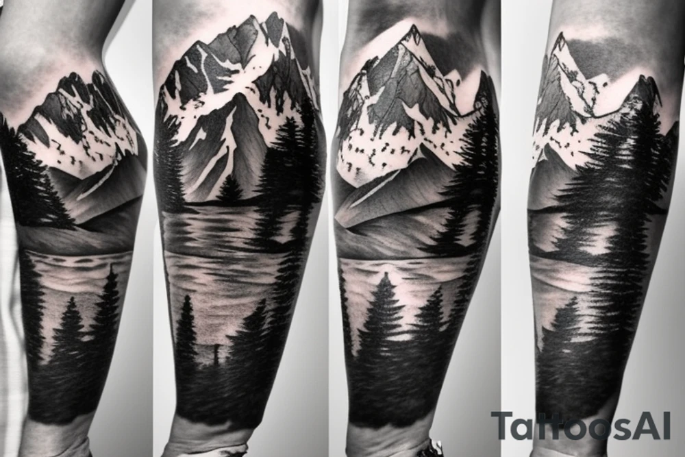 Sleeve tattoo from wrist to just before elbow. Andes mountains, California bear, mount everest tattoo idea