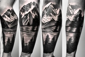 Sleeve tattoo from wrist to just before elbow. Andes mountains, California bear, mount everest tattoo idea