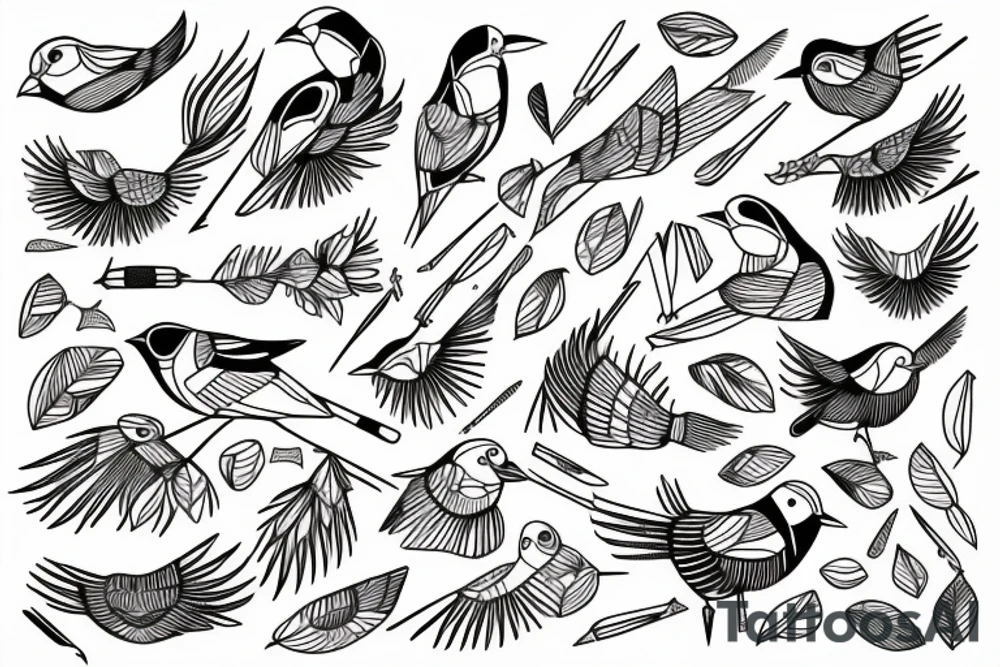 word, bird, thick line, geometric pattern tattoo idea