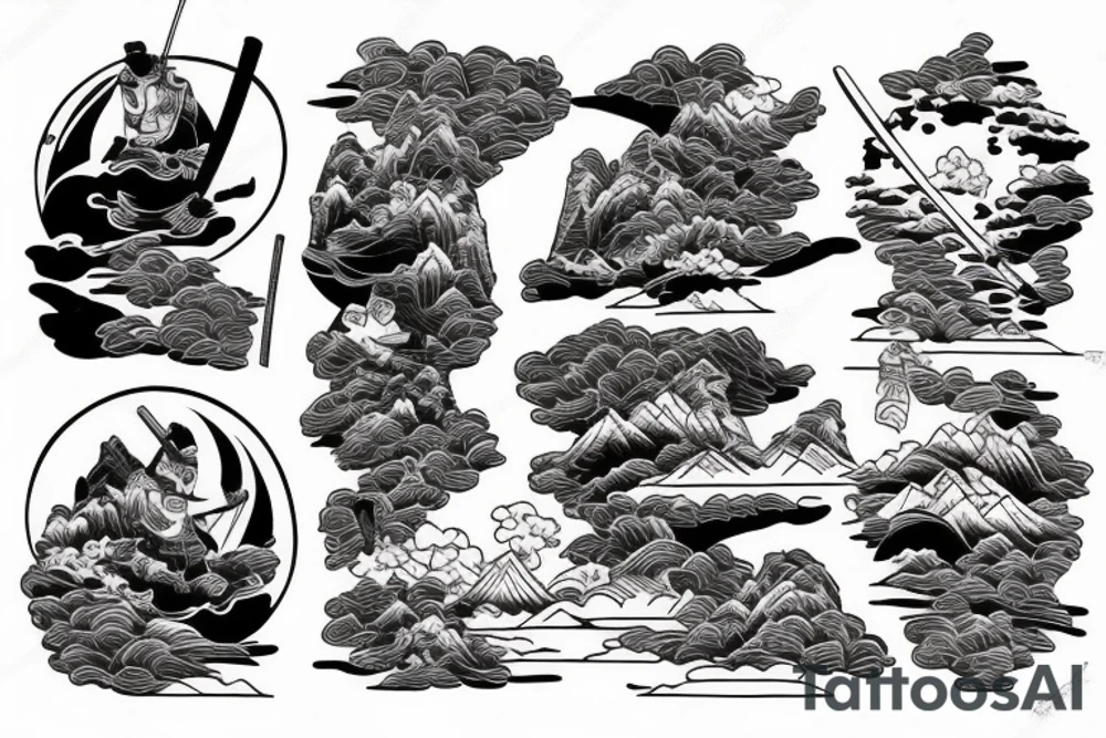 Samurai, Mountains, River,  Japanese fisherman tattoo idea
