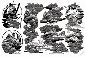 Samurai, Mountains, River,  Japanese fisherman tattoo idea