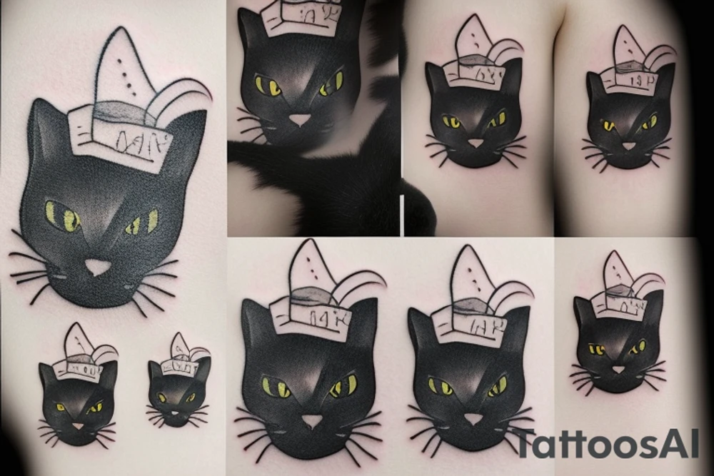 Black cat with funny hat tattoo idea