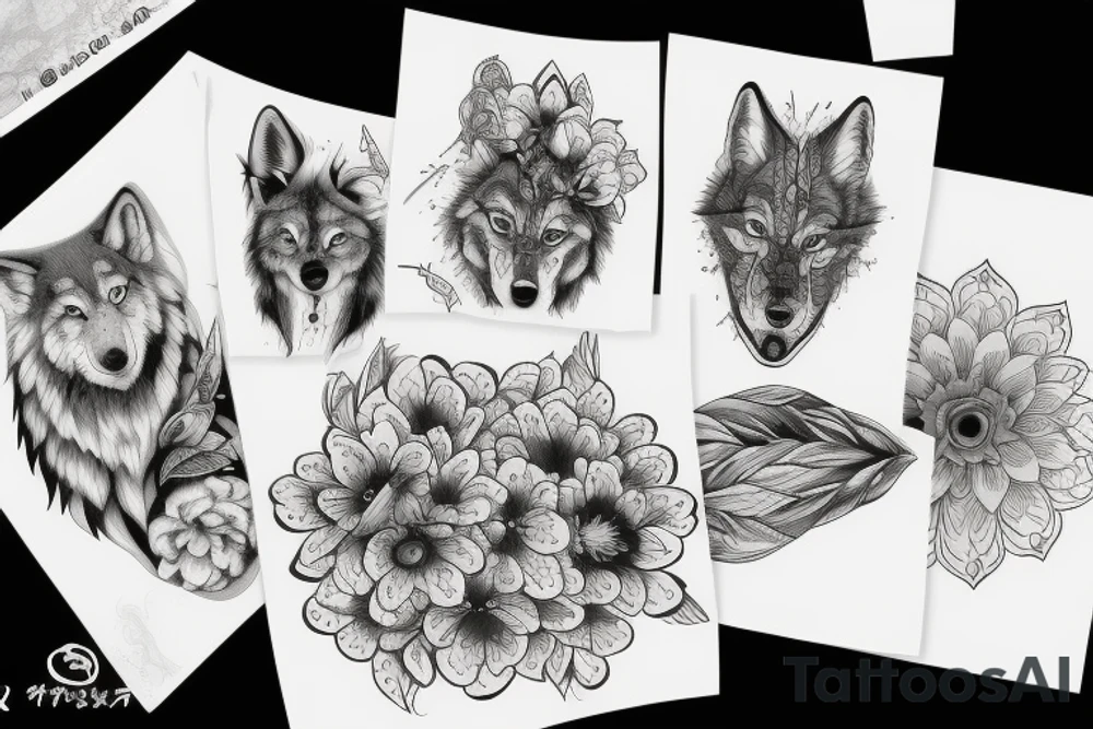 Wolf and flowers line art tattoo idea