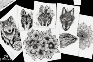 Wolf and flowers line art tattoo idea
