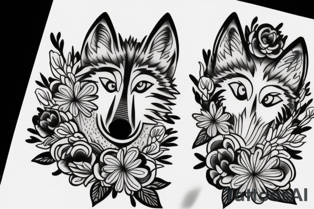 Wolf and flowers line art tattoo idea