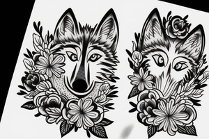 Wolf and flowers line art tattoo idea