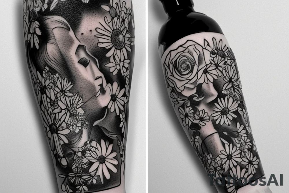 flowers on the background of jesus rolling on a skateboard with a bottle of whiskey in his hands on the beach with a beautiful girl at sunset tattoo idea