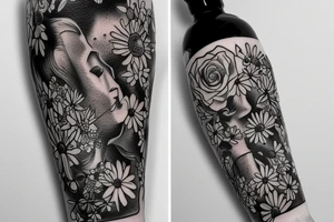 flowers on the background of jesus rolling on a skateboard with a bottle of whiskey in his hands on the beach with a beautiful girl at sunset tattoo idea