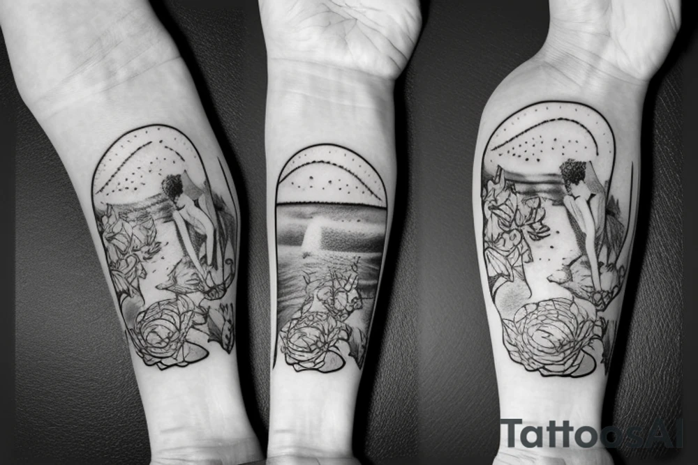 flowers on the background of jesus rolling on a skateboard with a bottle of whiskey in his hands on the beach with a beautiful girl at sunset tattoo idea