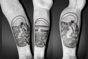 flowers on the background of jesus rolling on a skateboard with a bottle of whiskey in his hands on the beach with a beautiful girl at sunset tattoo idea