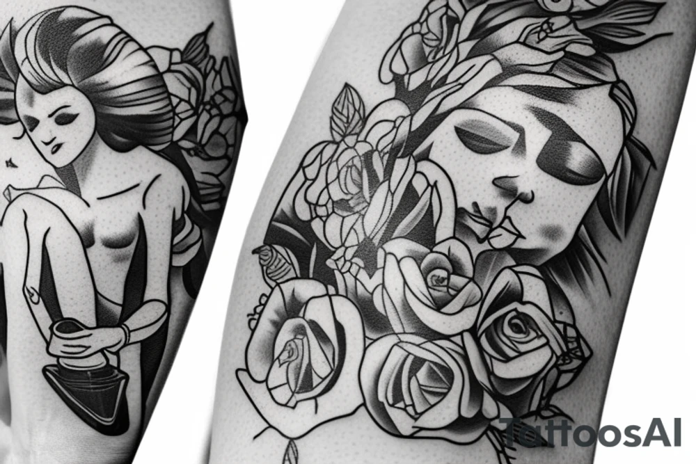 flowers on the background of jesus rolling on a skateboard with a bottle of whiskey in his hands on the beach with a beautiful girl at sunset tattoo idea