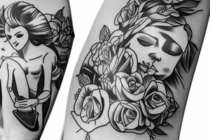 flowers on the background of jesus rolling on a skateboard with a bottle of whiskey in his hands on the beach with a beautiful girl at sunset tattoo idea