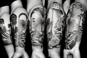 flowers on the background of jesus rolling on a skateboard with a bottle of whiskey in his hands on the beach with a beautiful girl at sunset tattoo idea