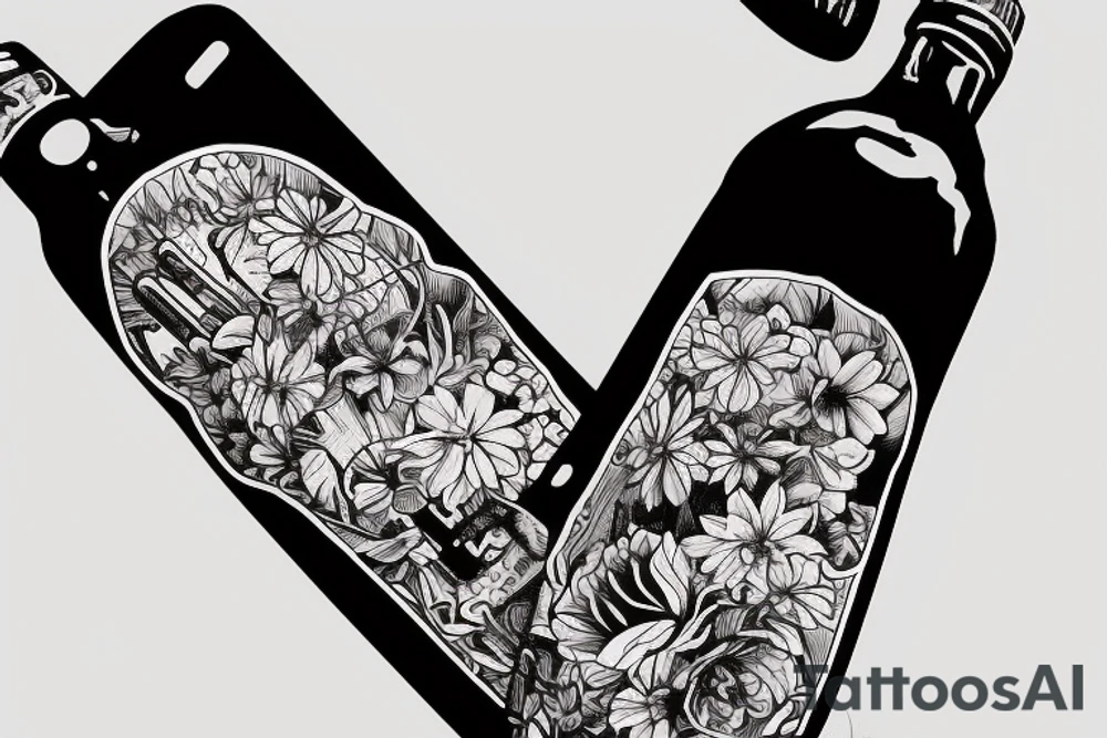 flowers on the background of jesus rolling on a skateboard with a bottle of whiskey in his hands on the beach with a beautiful girl at sunset tattoo idea