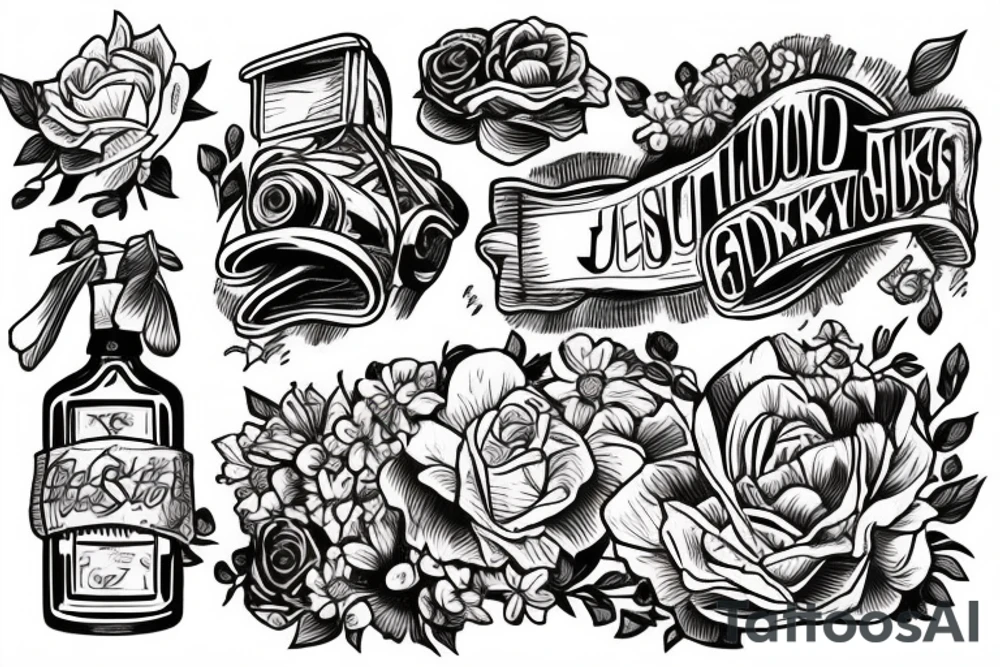 flowers on the background of jesus rolling on a skateboard with a bottle of whiskey in his hands on the beach with a beautiful girl at sunset tattoo idea