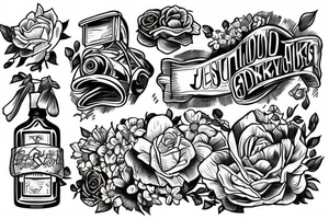 flowers on the background of jesus rolling on a skateboard with a bottle of whiskey in his hands on the beach with a beautiful girl at sunset tattoo idea