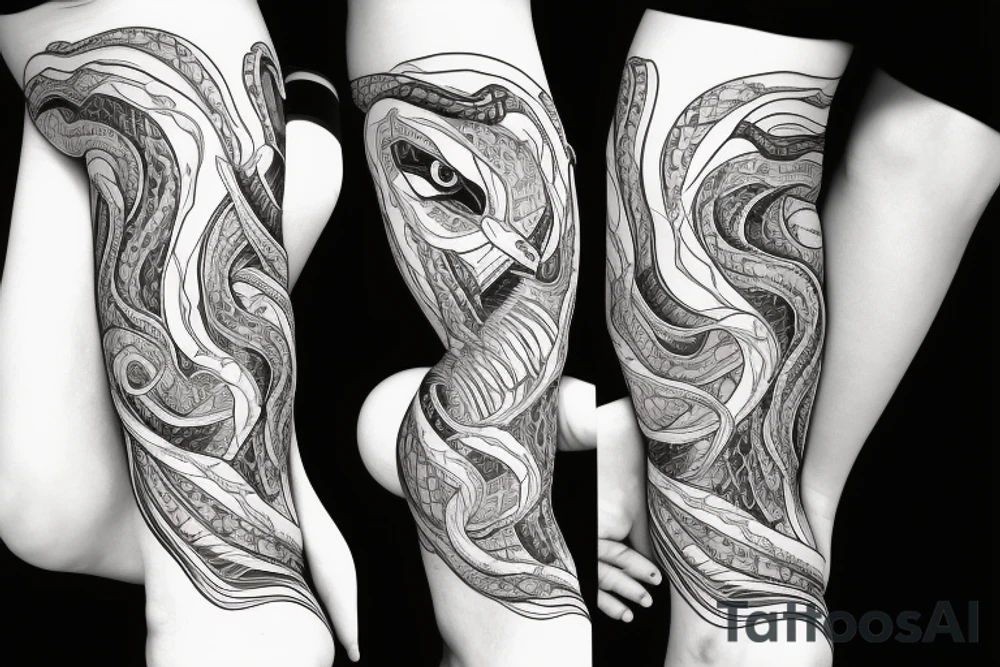 Beautiful seductive snake winding up the leg and hip tattoo idea