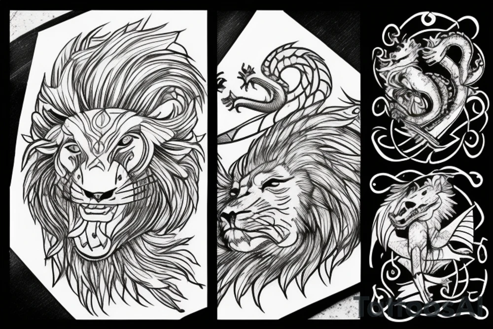 Lion and a dragon fighting over a shepherds crook tattoo idea