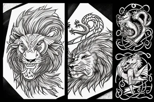 Lion and a dragon fighting over a shepherds crook tattoo idea