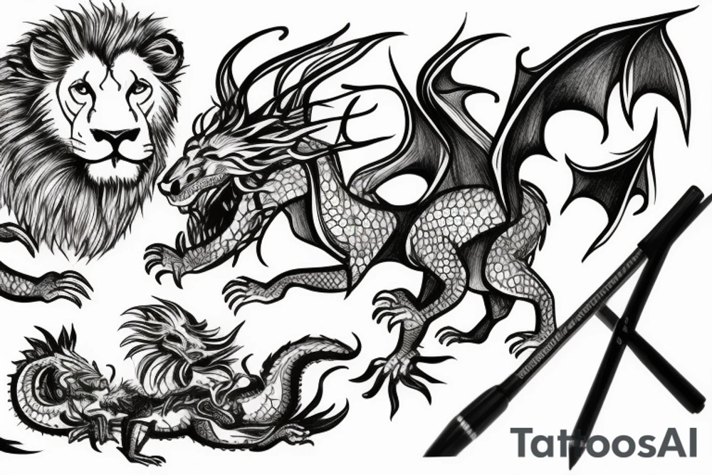 Lion and a dragon fighting over a shepherds crook tattoo idea