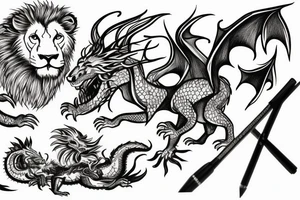 Lion and a dragon fighting over a shepherds crook tattoo idea