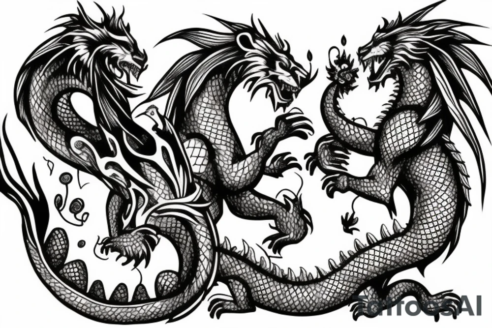 Lion and a dragon fighting over a shepherds crook tattoo idea