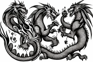 Lion and a dragon fighting over a shepherds crook tattoo idea