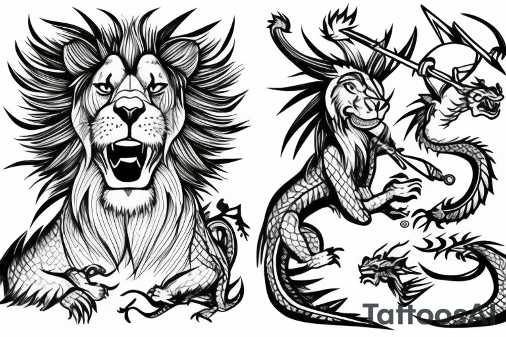 Lion and a dragon fighting over a shepherds crook tattoo idea