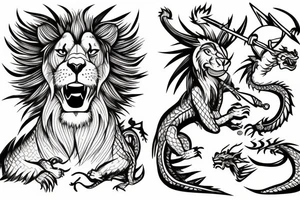 Lion and a dragon fighting over a shepherds crook tattoo idea