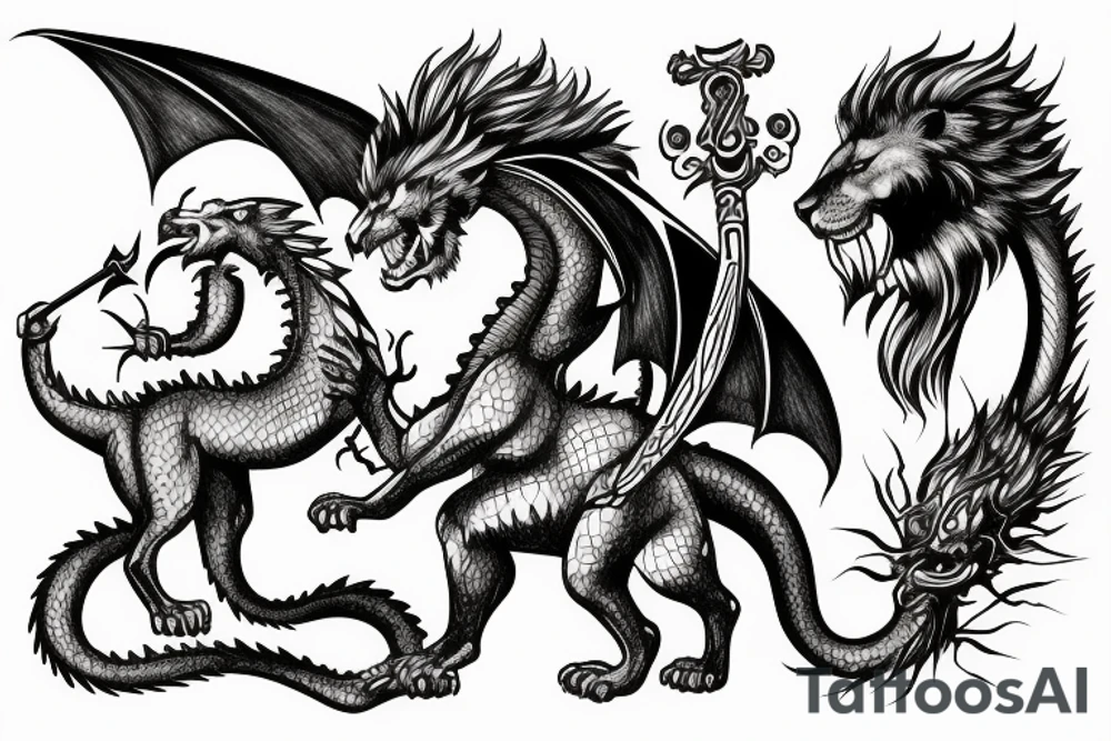 Lion and a dragon fighting over a shepherds crook tattoo idea