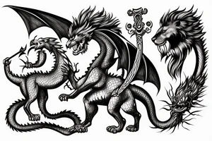 Lion and a dragon fighting over a shepherds crook tattoo idea