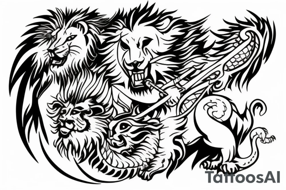 Lion and a dragon fighting over a shepherds crook tattoo idea