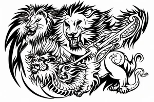 Lion and a dragon fighting over a shepherds crook tattoo idea