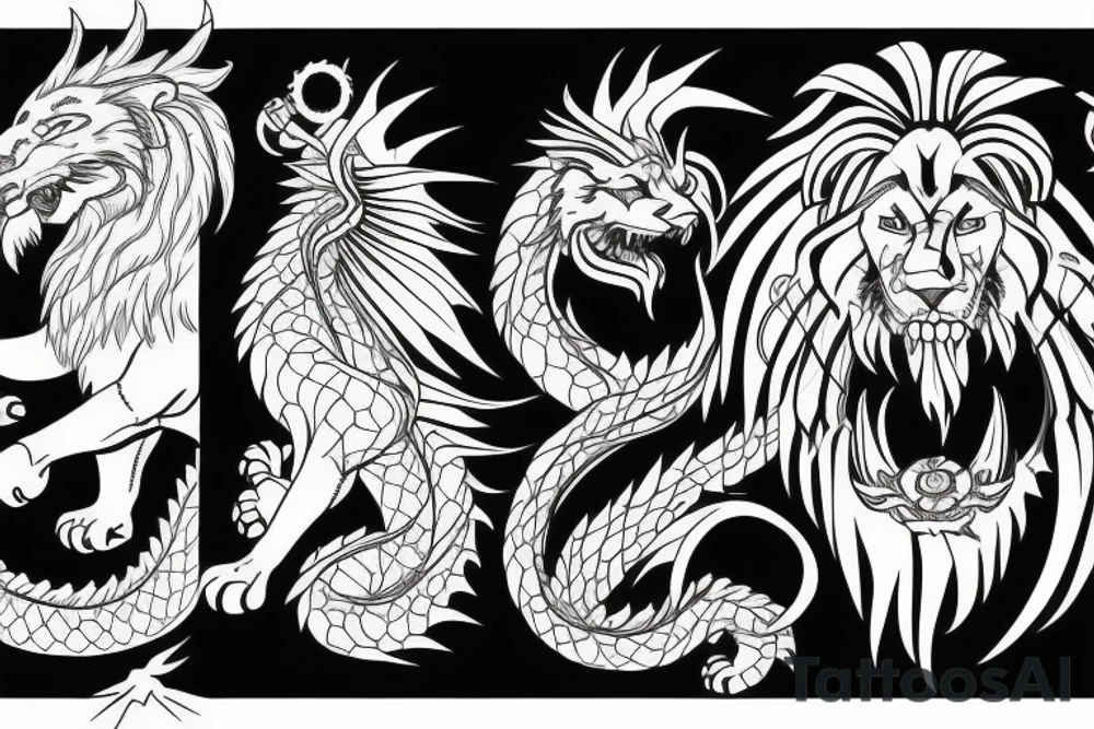 Lion and a dragon fighting over a shepherds crook tattoo idea