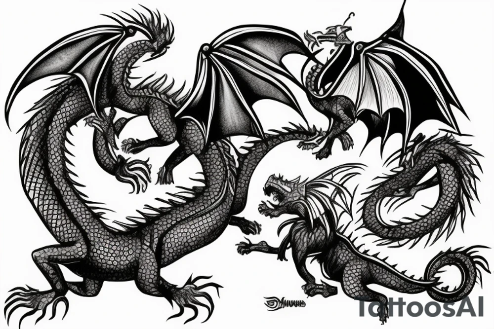 Lion and a dragon fighting over a shepherds crook tattoo idea