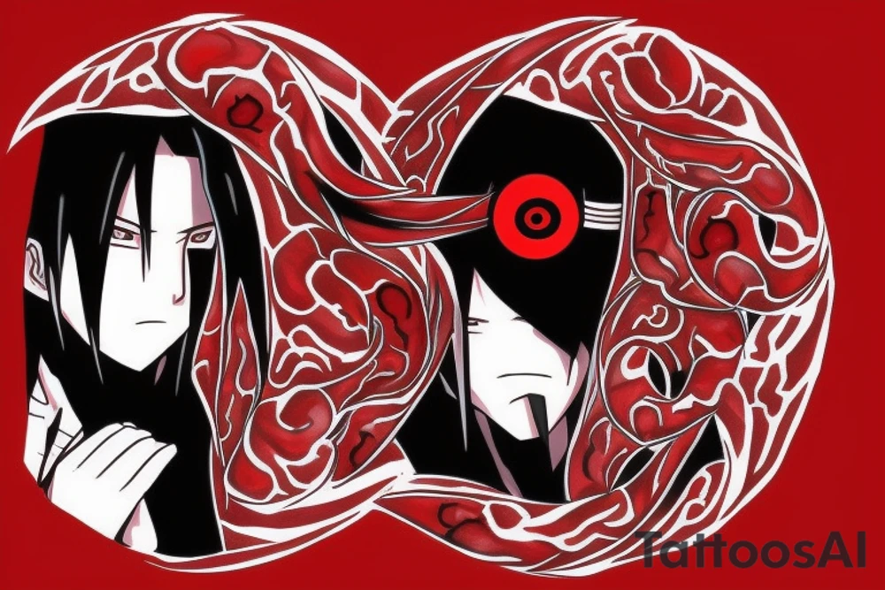 itachi uchiha, colored, red and black color. sharingan tattoo idea