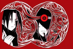 itachi uchiha, colored, red and black color. sharingan tattoo idea