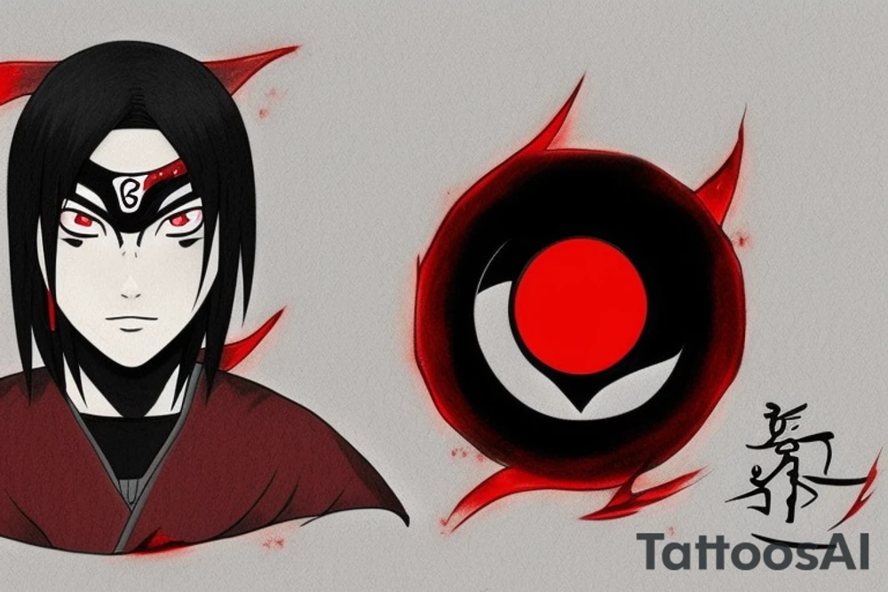itachi uchiha, colored, red and black color. sharingan tattoo idea