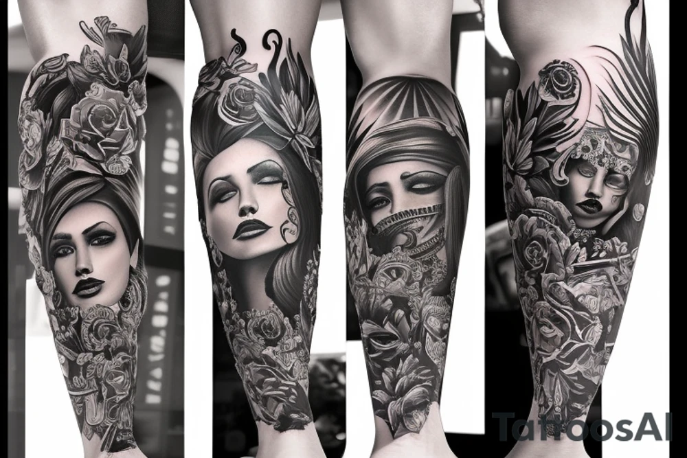 Chicano leg sleeve tattoo idea