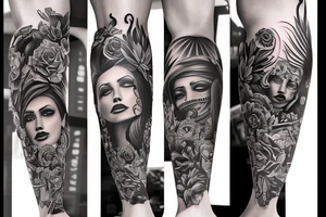 Chicano leg sleeve tattoo idea