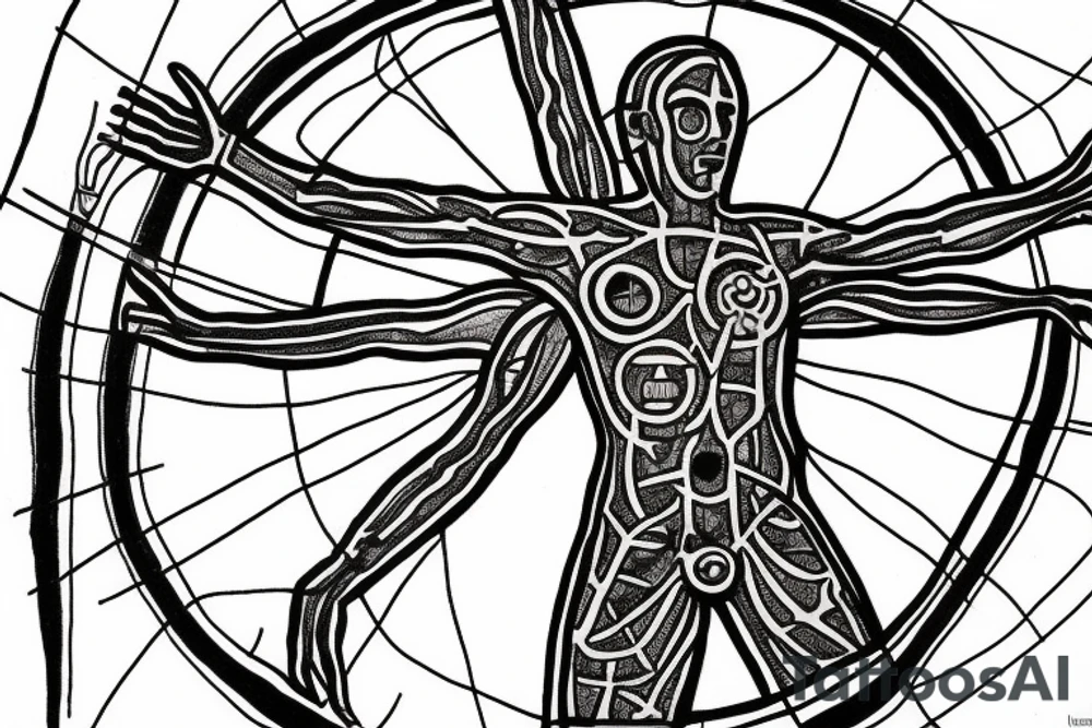 Vitruvian man with cryptic symbols tattoo idea