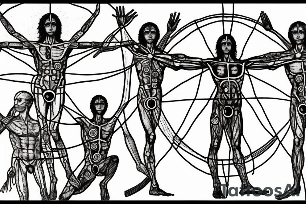 Vitruvian man with cryptic symbols tattoo idea