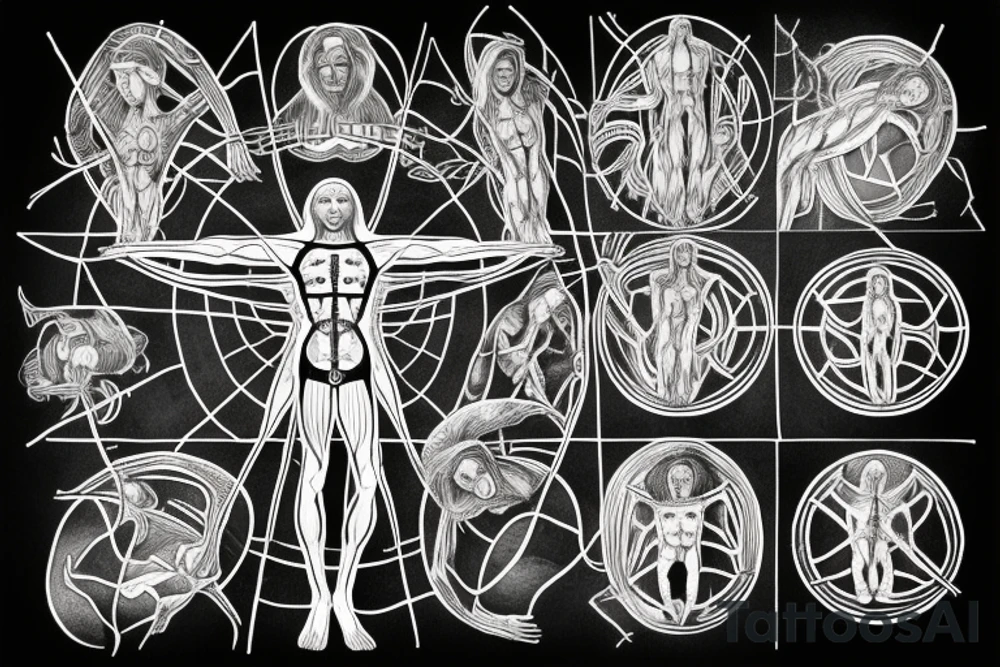 Vitruvian man with cryptic symbols tattoo idea