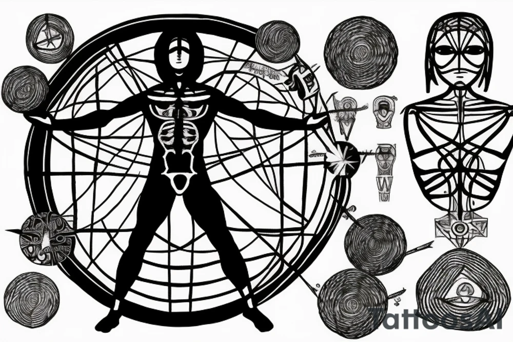 Vitruvian man with cryptic symbols tattoo idea