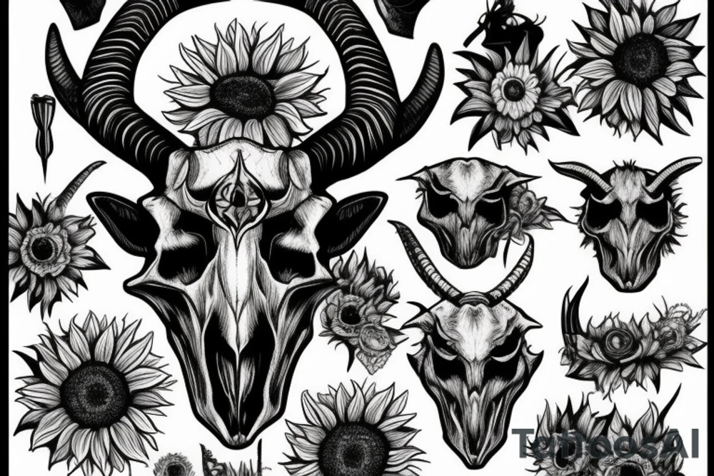 demonic goat skull with a sunflower over it's face tattoo idea