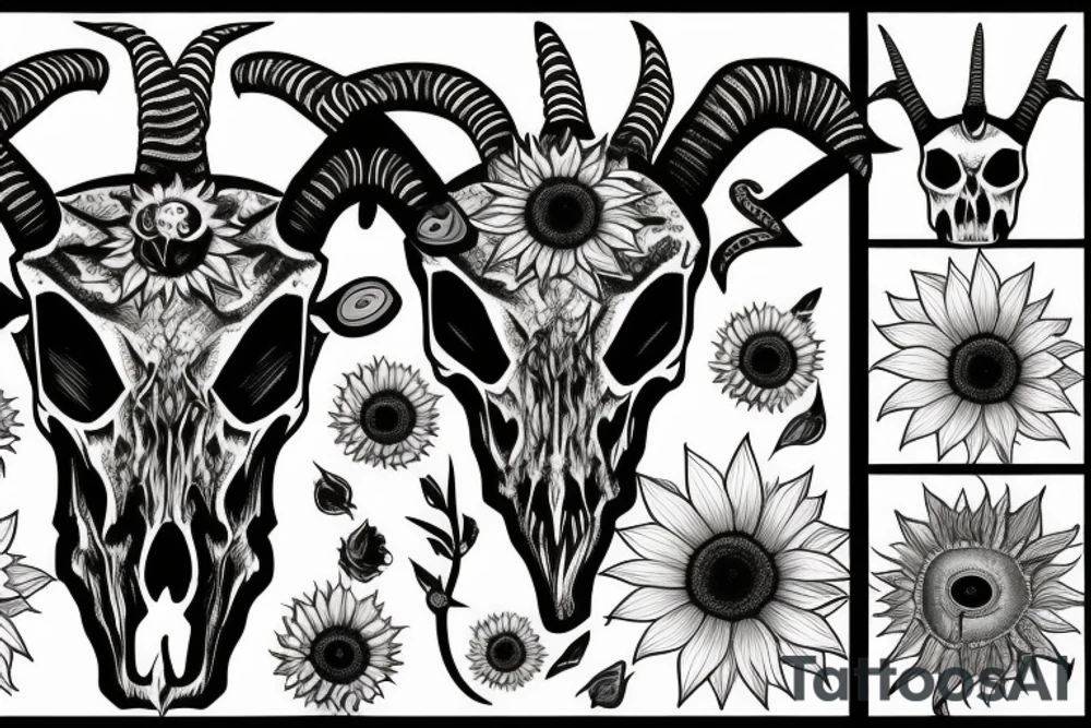 demonic goat skull with a sunflower over it's face tattoo idea