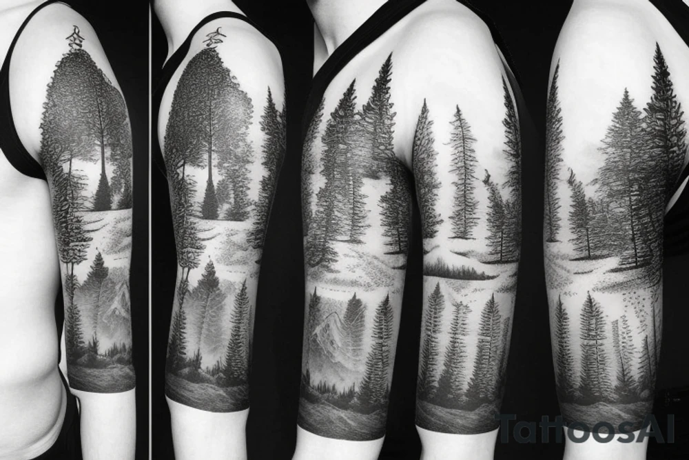 half sleeve forest with background mountain range tattoo idea