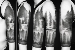 half sleeve forest with background mountain range tattoo idea